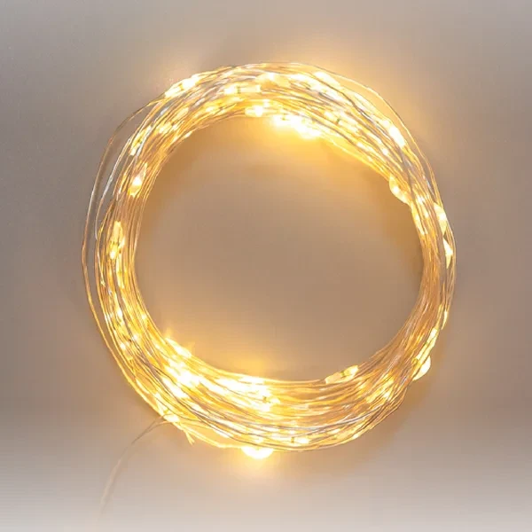 Гирлянда | Роса 10м | БЕЛЫЙ ТЁПЛЫЙ | 100 LED 8 режимов На батарейках 3-АА | Серебряный провод Металл | - NEON-NIGHT